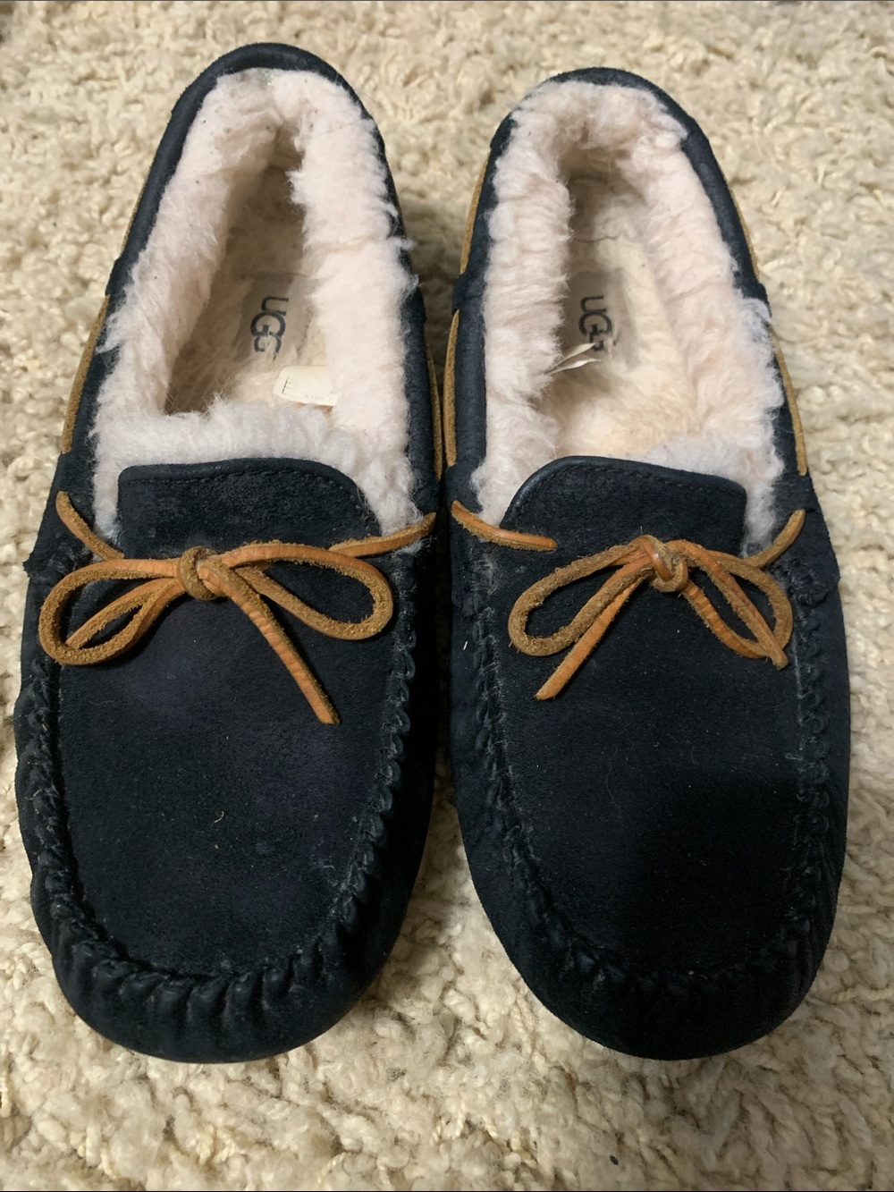 UGG Navy Suede Moccasin Slippers with Tan Laces and Cream Shearling